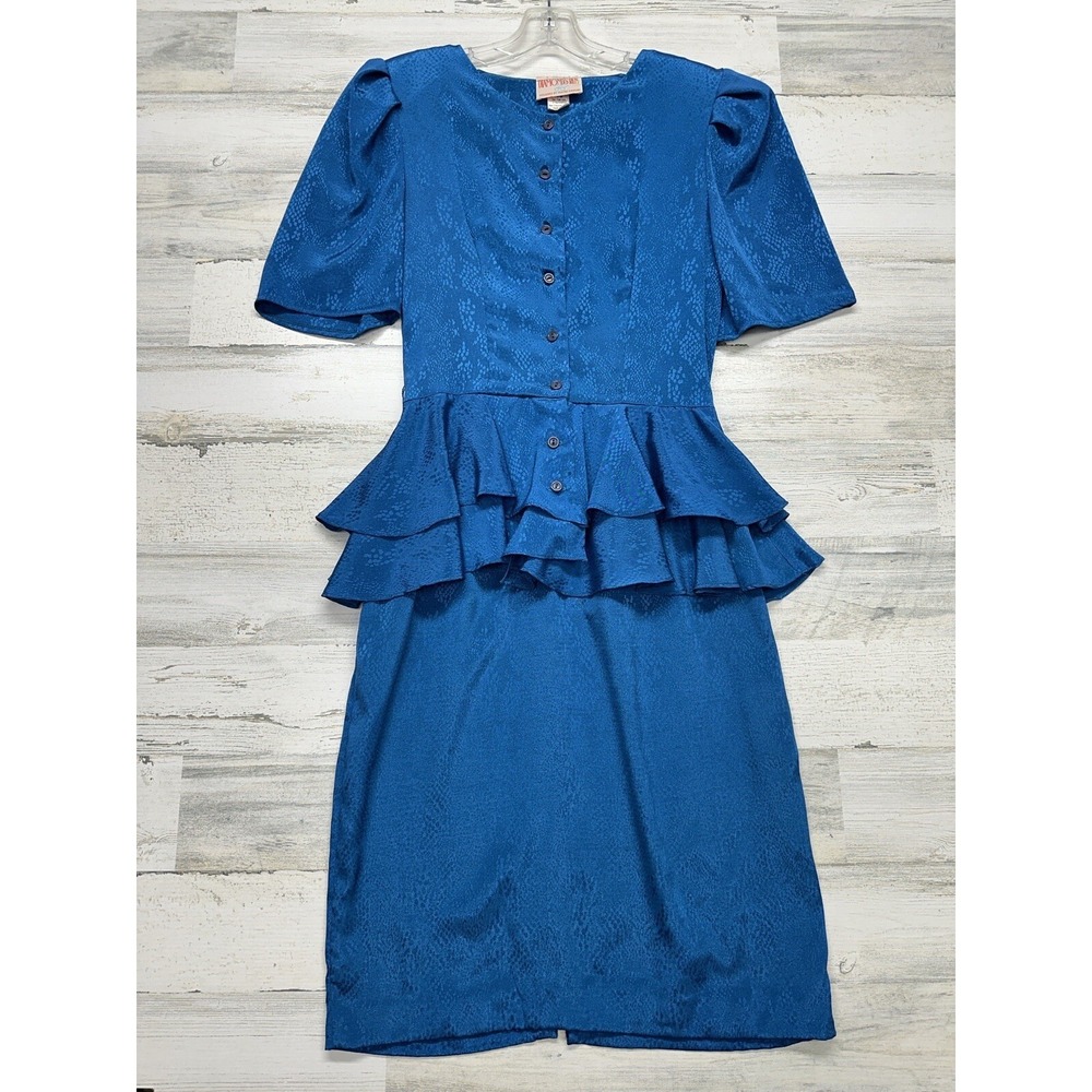 Vintage Dress Diamond's Run Wayne Size Small 7/8 Peacock Blue Peplum 1980s